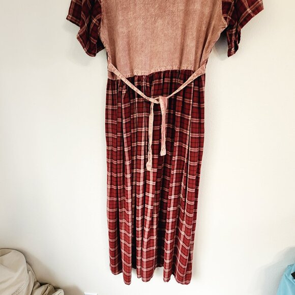 Vtg Embroidered Tie Dye Plaid Empire Waist Short Sleeve Maxi Dress Sz S Boho Y2K - Picture 11 of 16